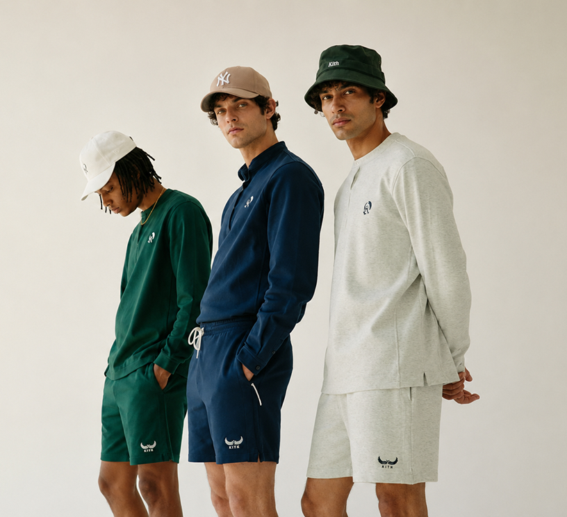 Three people walking in coordinated outfits